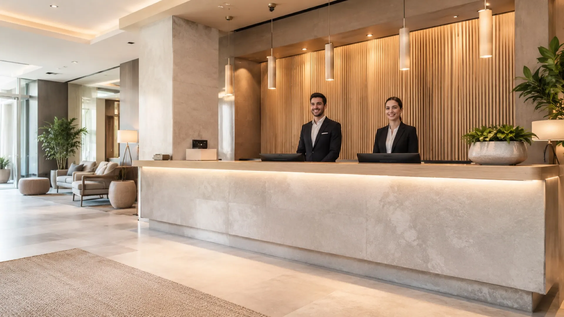 Equipa de receção a sorrir no balcão de um hotel moderno